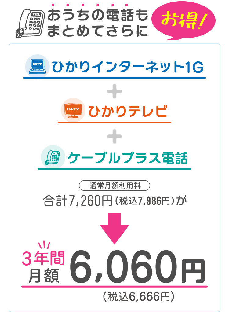 トリプルコース（ひかりインターネット1ギガ+ひかりテレビ+ケーブルプラス電話（通常月額利用料7,986円/税込））が、3年間月額6,666円！