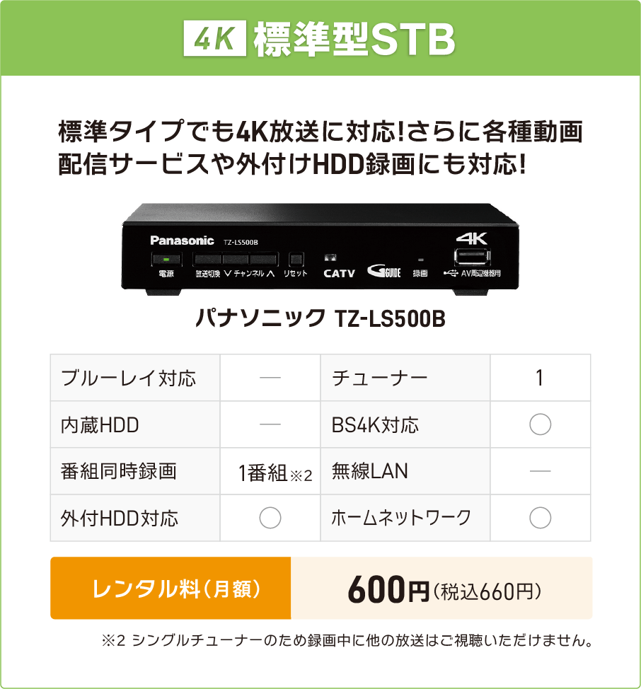 パナソニック TZ-LS500B（ブルーレイ・HDD内蔵）レンタル料600円/月額（税込）、販売価格39,600円（税込））