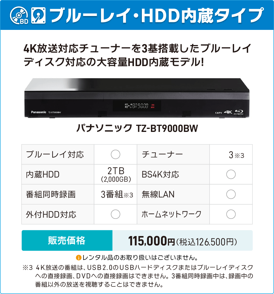 パナソニック TZ-BT9000BW（4K対応・ブルーレイ／HDD内蔵）販売価格126,500円（税込））