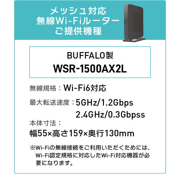 BAFFALO製WSR-1500AX2L（無線規格：Wi-Fi6対応、最大転送速度：5GHz/1.2Gbps 　2.4GHz/0.3Gbps、本体寸法：幅55×高さ159×奥行130mm、※Wi-Fiの無線接続をご利用いただくためには、Wi-Fi認定規格に対応したWi-Fi対応機器が必要になります。）	