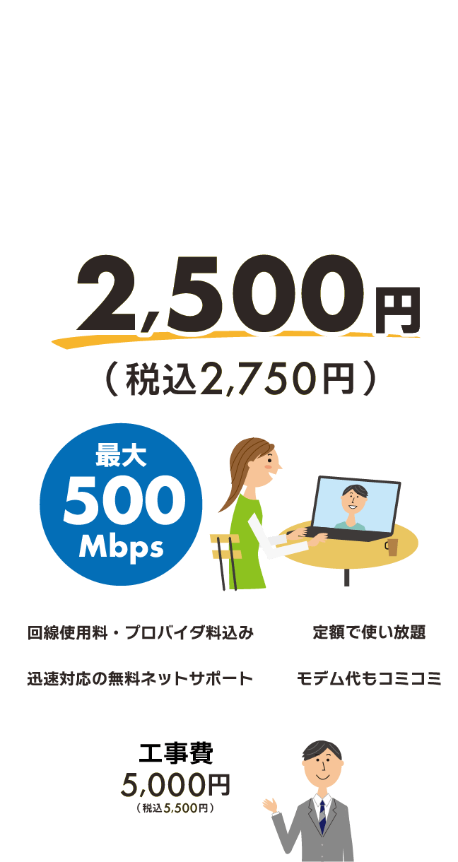最大500メガで月額2,750円（税込み）のお得なインターネット