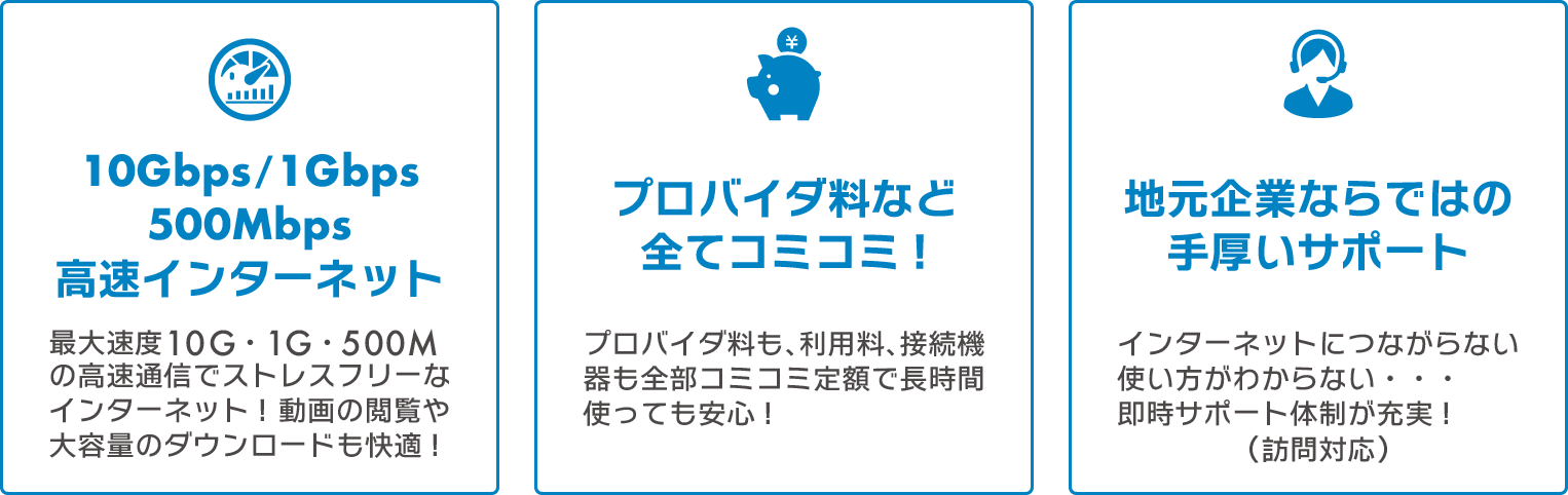 10ギガ／1ギガ／500メガインターネット、コミコミ定額、地元ならではのサポート