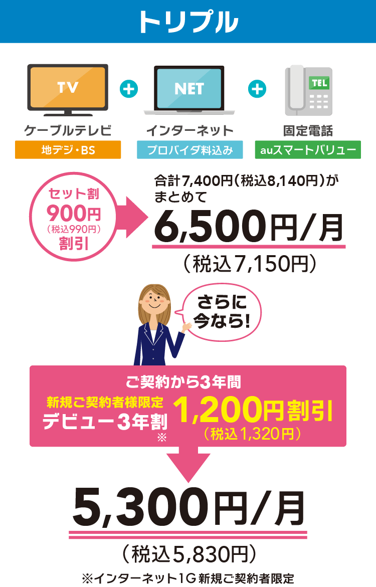 トリプルコース（テレビ+インターネット+固定電話）がセット割適用で月額税込み7,150円！さらに新規ご契約者限定デビュー3年割で3年間月額税込み5,830円